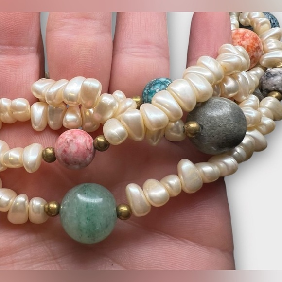 Vintage Double Strand Pearl & Gemstone Beaded Necklace Jade Jasper Amazonite etc - Picture 9 of 12